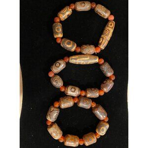 Vintage Tibetan Agate Dzi Bead Bracelets With Red Agate Beads - Set Of 3 For Zen